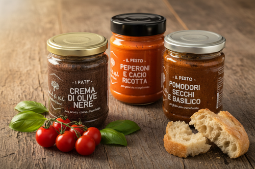 Italiaanse delicatessen uit Puglia met pesto basilico, olijvenpasta en groentesaus